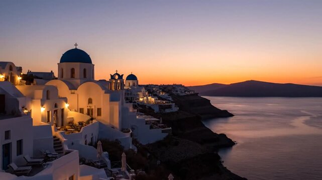 Beautiful santorini sunset time lapse with traditional white buildings and blue domed churches transitioning from dusk to nightfall, aegean sea reflecting colorful sky
