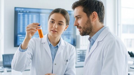 Fototapeta premium Two Scientists in Lab Coats Examining a Test Tube with an Orange Liquid in a Modern Laboratory Setting.