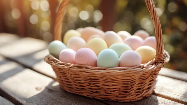 Pastel egg basket wooden table soft sunlight evoking spring celebration and gentle joy pastel Easter egg basket wooden table with soft sunlight and warm bokeh cozy spring celebration mood pastel