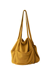 Isolated shoulder bag, mustard yellow, corduroy texture, front pockets, long strap, solid backdrop