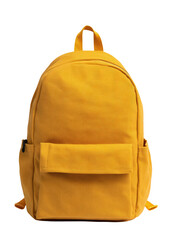 A vibrant yellow backpack with a front pocket and two side pockets, isolated on black