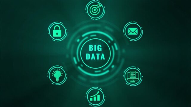 Big Data concept with glowing teal digital interface for idea lightbulb growth chart computer and circular HUD on a dark textured background representing information technology and analytics