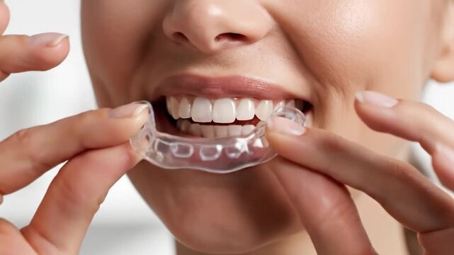 Person adjusting transparent dental aligner for teeth straightening and oral care
