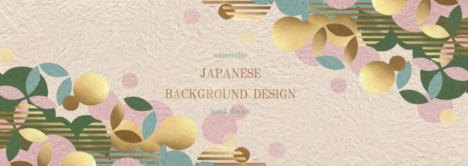 [モダンな和柄のフレーム。ピンクとグリーンの水彩風テクスチャと金箔の幾何学デザイン]ベクター、イラスト