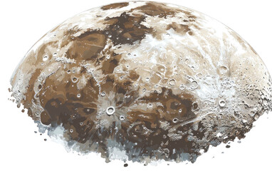 Rendered illustration of a celestial body, possibly a dwarf planet, with cratered surface
