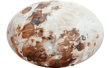 Orbital body's surface, mottled with brown and white patches, craters, and diverse terrains