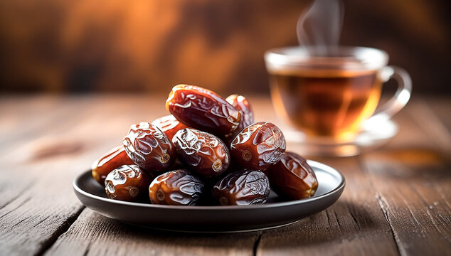 Traditional Dates with Hot Tea on Rustic Wooden Table in Warm Lighting, Cozy Food Still Life for Ramadan and Eid