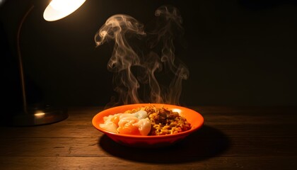 Steaming Bowl of Food Under Warm Lamp Light on Wooden Table
