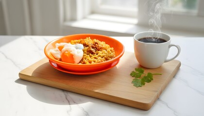 Steaming Hot Instant Noodles With Soft Boiled Eggs And Black Coffee On A Marble Countertop Next To