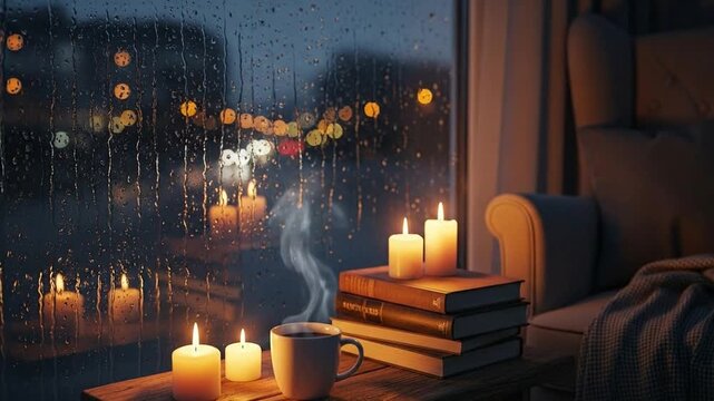 Cozy night scene with raindrops on window, coffee, and books