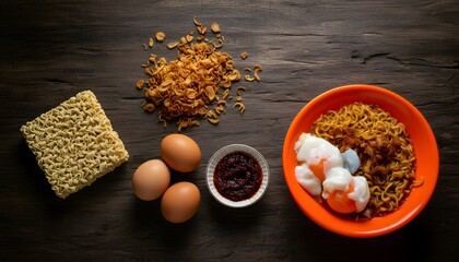 Top View Of Instant Noodles With Fried Shallots Eggs And Chili Paste On A Dark Wooden Table