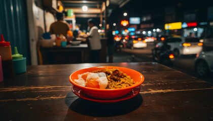 Noodle Bowl Served At A Street Food Stall At Night With Cars And City Lights In The Background