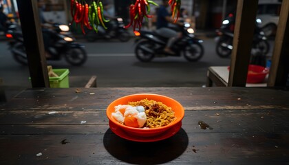 Orange Bowl of Fried Rice with Pickled Vegetables on a Wooden Counter with Blurred Street Scene