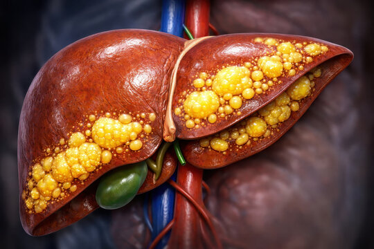 Fatty liver nafld liver health ultrasound concept medical illustration showing yellow fat deposit on organ surface linked with metabolic disease risk and patient care