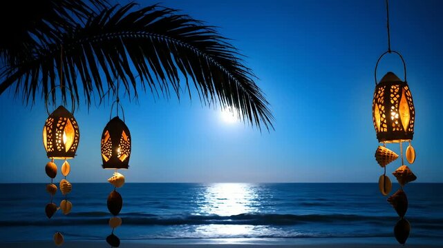 Full moon over a tranquil tropical ocean beach at night, with illuminated lanterns and shell chimes gently swaying under a palm tree leaf. Perfect for romantic getaways, luxury travel,