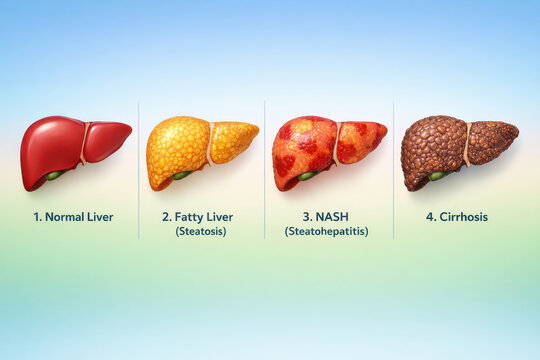 Fatty liver liver health ultrasound nafld medical illustration concept of progressive liver disease stages from normal organ to severe cirrhosis damage educational graphic