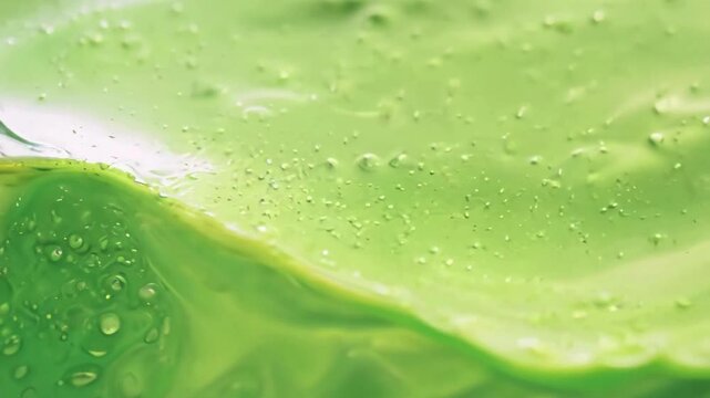 Close up of green aloe vera gel texture with oxygen bubbles. Refreshing herbal skin care product texture with fluid organic movement and light green tones.