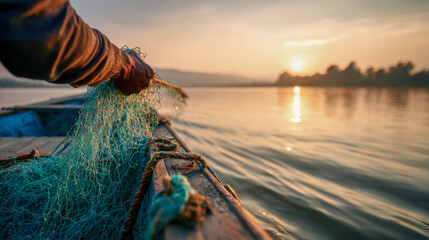 Fisherman pulling fishing net from boat at sunset