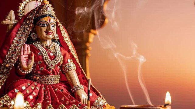 Mewar Festival Goddess Gauri in Red Silk on Sunset Orange and Peach Gradient