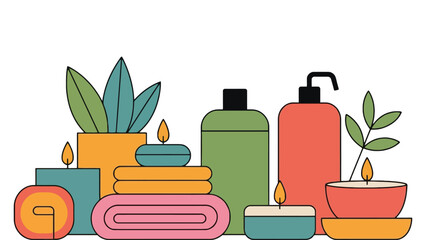 A colorful illustration of spa products and candles on a white background