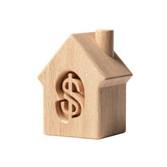 Wooden house icon with dollar sign cutout, financial concept against a black backdrop