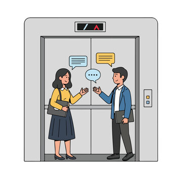 A man and woman talking in an elevator