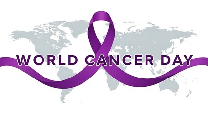 Fototapeta premium World Cancer Day awareness graphic featuring a prominent purple awareness ribbon overlaid on a subtle grey world map design emphasizing global solidarity against the serious disease.