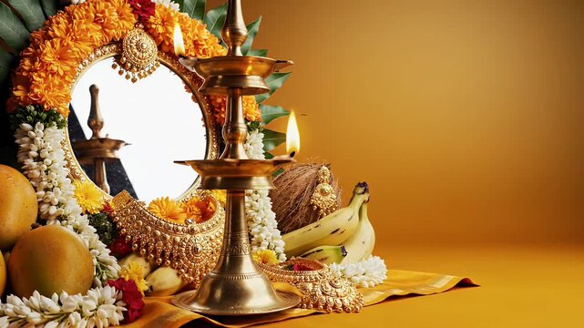 Pudhuvarusham Tamil Kanni Arrangement with Mirror Gold and Lamp on Saffron Gradient