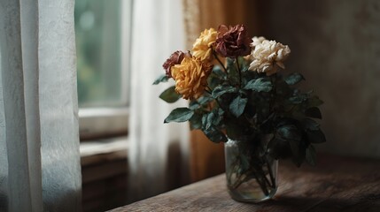 A delicate bouquet of dried roses in various muted colors sits in a glass jar on a rustic wooden table near a window with sheer curtains