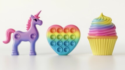 Obraz premium 23061731 66 Hyperrealistic 3D rendering of rainbow gradient pop-it fidget toys in whimsical shapes including prancing unicorn, perfectly symmetrical heart, detailed cupcake with frosting texture and