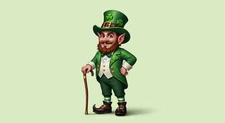 Cartoon leprechaun in green suit and hat holding cane standing on light green background with shamrock