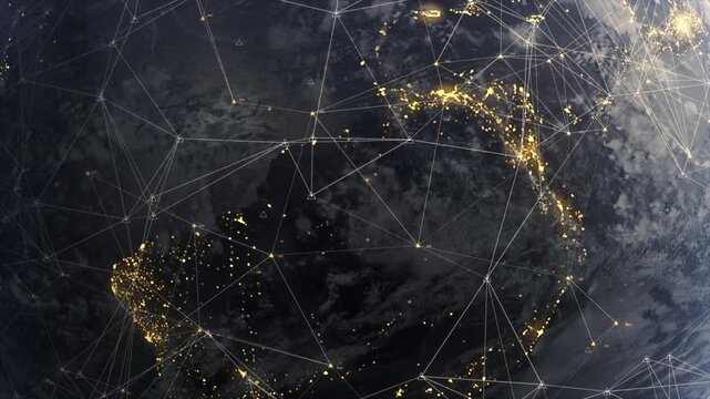 Dynamic network connections with glowing nodes on dark background