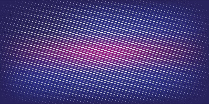 Led pixel screen display with bright blue and purple dots forming digital wall background. Futuristic technology pattern for video walls, presentations or electronic advertising. Tv display panel