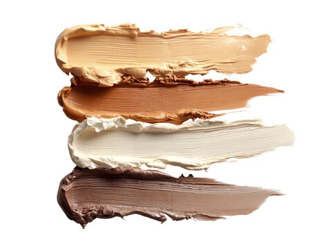Four cosmetic makeup foundation color swatches in creamy textures on black background