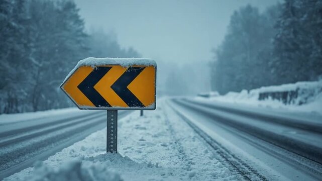 Chevron Curve Warning Sign on Icy Road in Winter Storm
