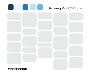 Horizontal masonry grid moodboard with 25 frames and blue palette for editorial and visual layouts
