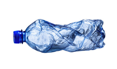 Fototapeta premium A crushed, translucent blue plastic bottle isolated against a solid black background