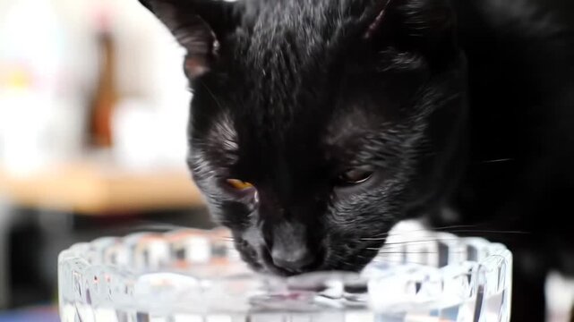 Black cat drinking from clear bowl.