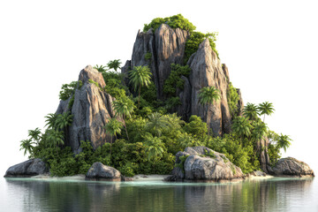 Lush tropical island mountain with palm trees and rocky shore in clear water cliff