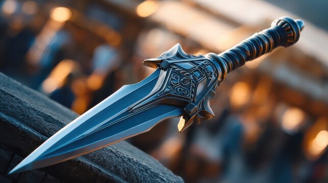 Close-up of a gladius sword thrusting forward from behind a shield.