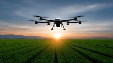 Smart Agriculture Drone Spraying Crops at Sunrise Representing Precision Farming
