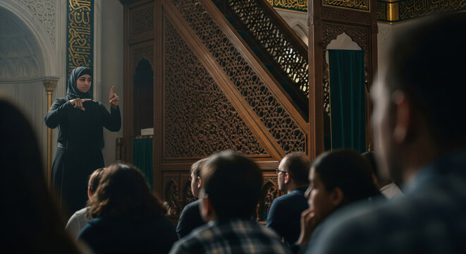 Female Interpreter Giving Sign Language Sermon in Mosque