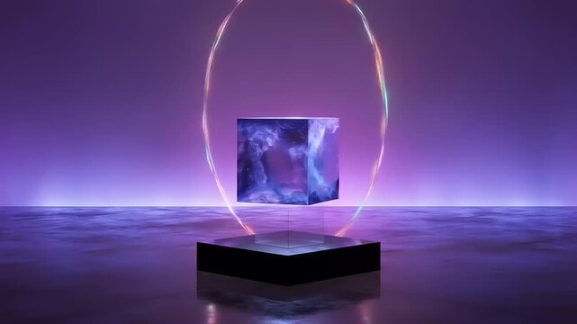 A cube floats above a black pedestal within a purple scene, ringed by light