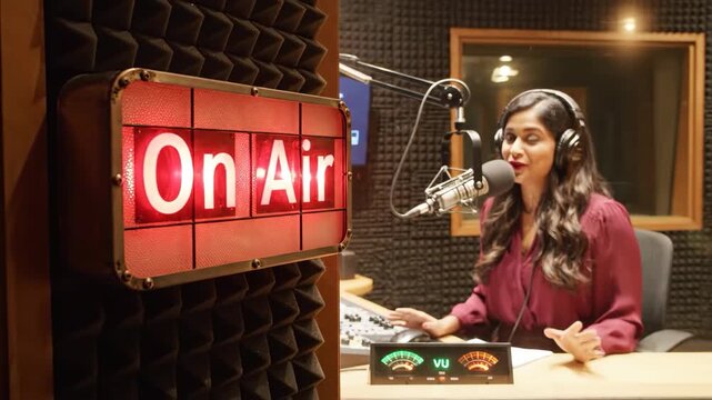 On air sign in studio with host, live radio broadcast and podcasting