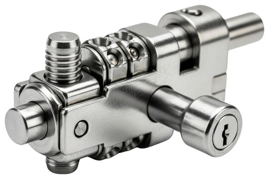 Metal door lock cylinder mechanism with security key slot hardware isolated with transparent background