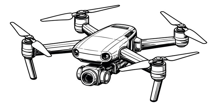 Hand drawn line art illustration of a drone depicting modern technology and aerial photography for commercial designs