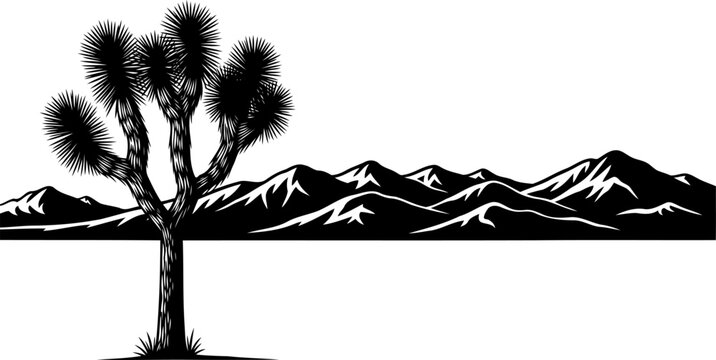 Joshua tree silhouette against a jagged mountain range horizon