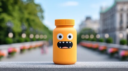 A child giggles at a vitamin bottle featuring a funny face sticker.