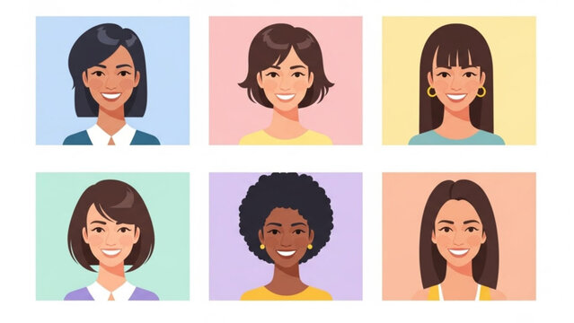 Diverse collection of female avatars flat vector portraits representing different ethnicities and hairstyles perfect for user profiles and online communities