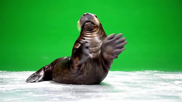 A sea lion sitting on a white surface with a green screen background, raising its flipper as if waving.